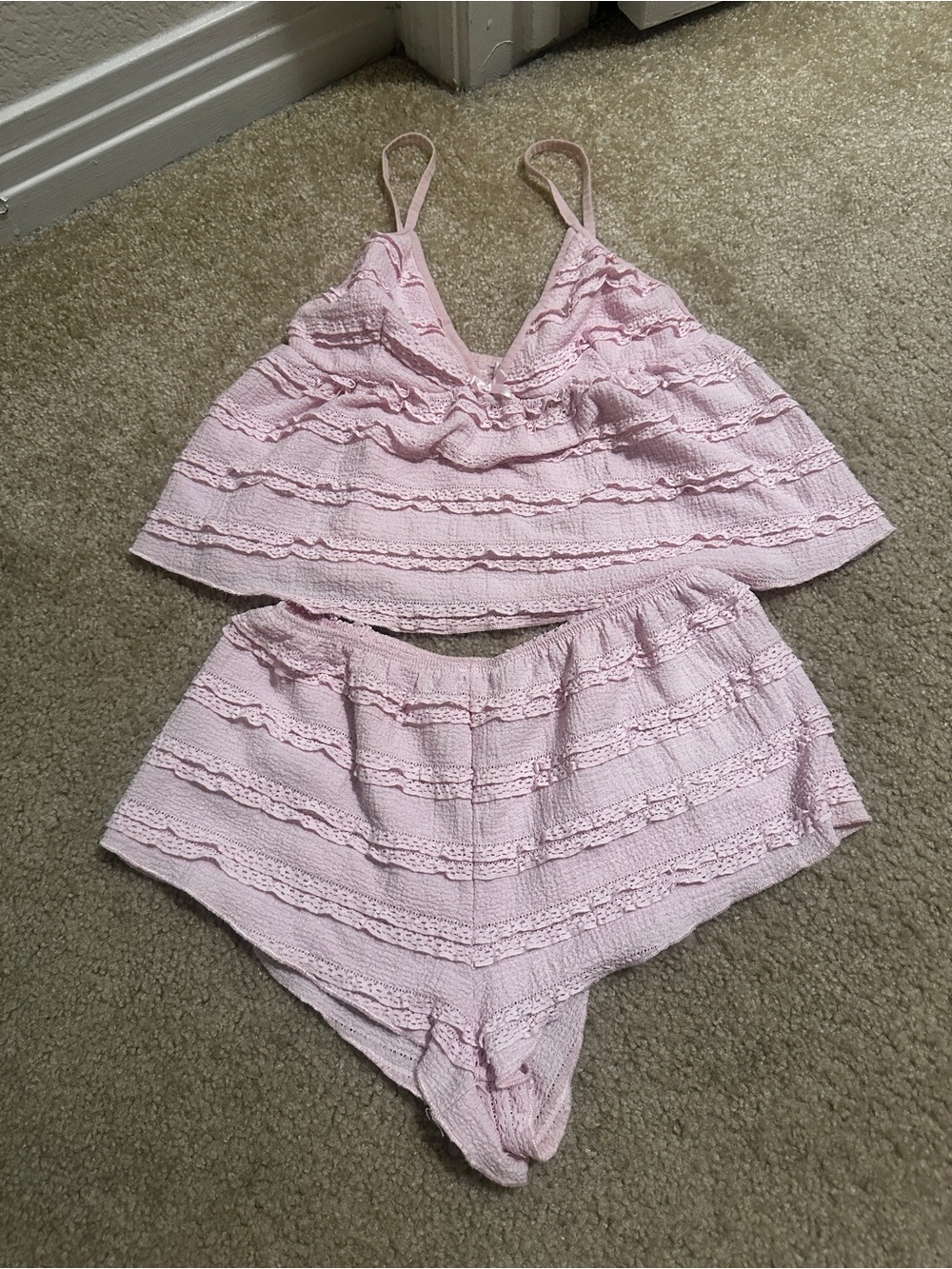 Bozzolo Pale Pink Lace-Trim Camisole & Shorts Set